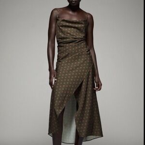 Zara Polka Dot Slip Dress Khaki Pink Sz Medium